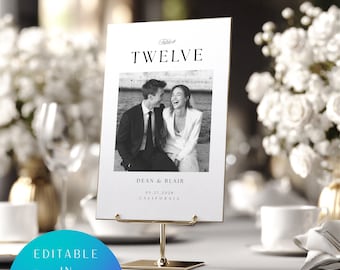 Photo Wedding Table Numbers, Black & White Editable Canva Template (Digital Download)