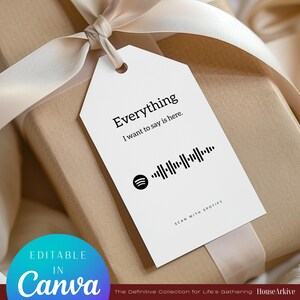 Op de afbeelding: Een cadeauverpakking verpakt in bruin papier en vastgebonden met een crèmekleurig lint. Een wit label met de tekst "Everything I want to say is here" en een Spotify-code is bevestigd. Het label zegt ook "Scan with Spotify".