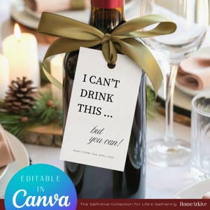 妊娠発表用ワインタグ、編集可能なCanvaベビー発表ギフト、「これは飲めない」