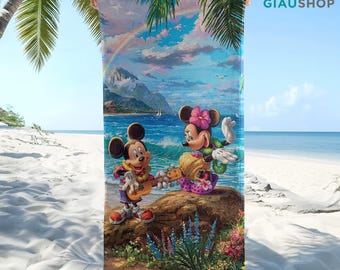 Mickey Minnie Beach Towel, Disney Cartoon Ocean Couple Towel, Tropical Summer Vacation Beach Pool Towel