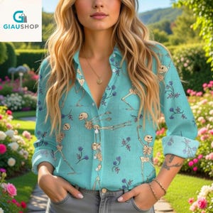 Dancing Skeleton Summer Blouse Shirt, Skull Dancing Button Shirt, Skull With Flower Tropical Shirt, Horror Casual Women Top