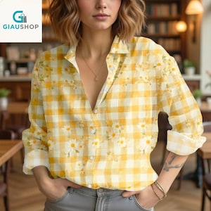 Yellow Floral Blouse Women Shirt, Soft Button Daisy Long Sleeve Top, Garden Lover Shirt, Floral Gift for Her