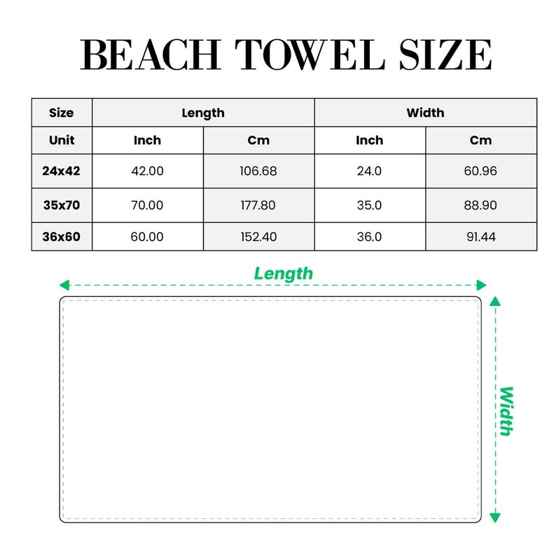 The image is a table with information about the size and dimensions of a beach towel, including the unit, length, width, and cm measurements.