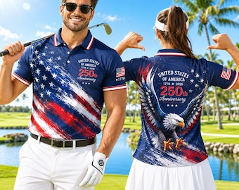 America 250th Anniversary Polo Shirt, USA 1776-2026 Patriotic Eagle Golf Polo, Independence Day Celebration Shirt, American Flag Polo Gift