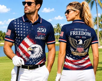 America 250th Anniversary Polo Shirt, USA Flag Eagle Golf Shirt, 250 Years of America Patriotic Shirt, Independence Day Outfit Men Women