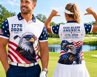 America 250th Anniversary Golf Polo Shirt, God Bless America Eagle Polo, USA 1776-2026 Patriotic Independence Day Shirt Gift for Men Women