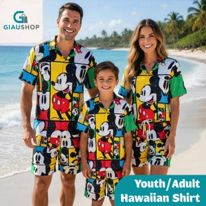 May include: Matching family Hawaiian shirts and shorts set featuring a colorful Mickey Mouse pattern. The shirts have a classic camp collar and are paired with matching shorts. The set is perfect for family vacations or themed events. The text "Youth/Adult Hawaiian Shirt" is visible.