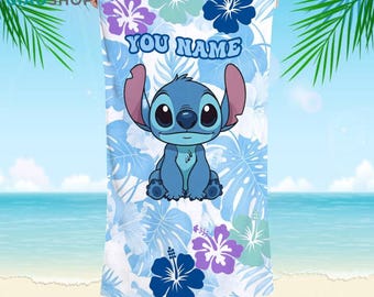 Disney Stitch Beach Towel with You Name Blue Tropical Floral Design, Cute Stitch Pool Towel, Summer Beach Vacation Gift for Kids and Adults