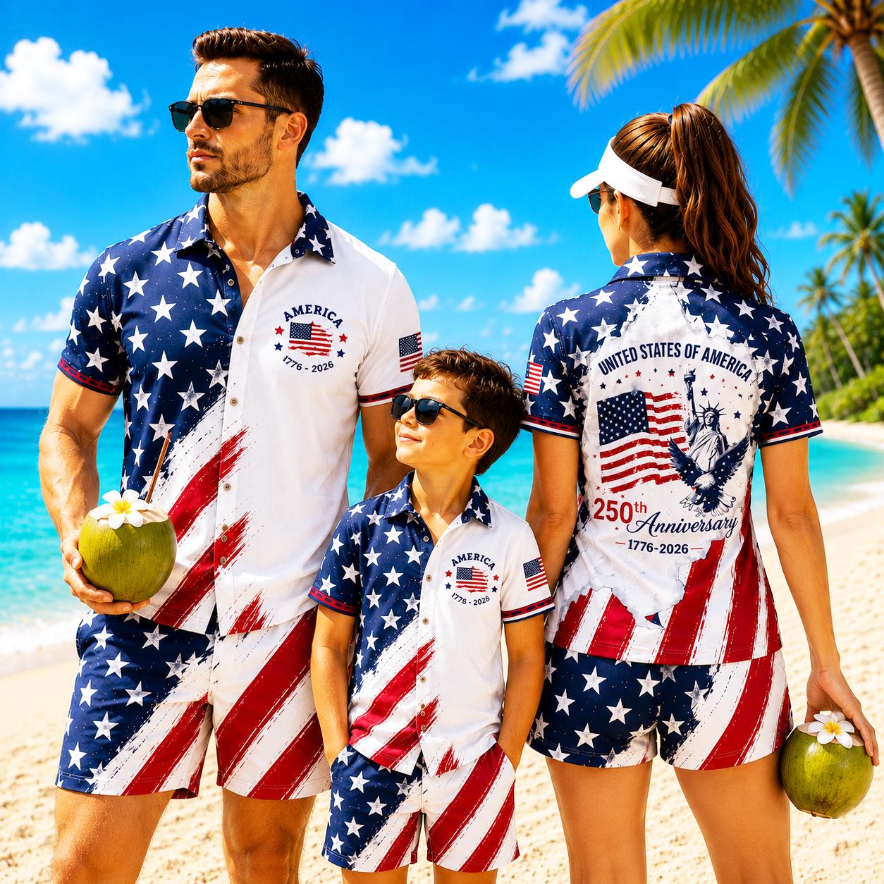 Discover America 250th Anniversary 1776-2026 Family Hawaiian Shirt & Shorts Set - Patriotic Flag Statue of Liberty Eagle Beach Outfit Adult Youth