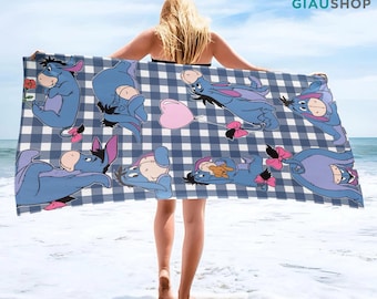 Disney Eeyore Beach Towel Cute Cartoon Pattern & Blue Gingham Design, Soft Pool Towel for Summer Beach Vacation, Gift for Kids and Adults