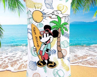 Personalized Mickey Mouse Beach Towel with Name, Disney Cartoon Surf Summer Ocean Pool Towel, Custom Vacation Beach Gift