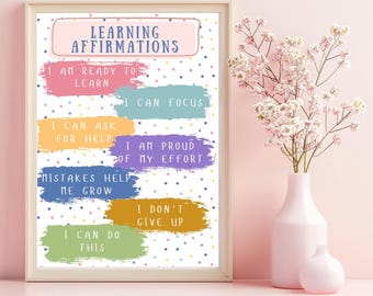 Lern Affirmationen für Kinder Spielzimmer Wand Dekor Lernen Homeschool Wand Kunst Poster Kinder Kindergarten Klassenzimmer Printable Psychische Gesundheit