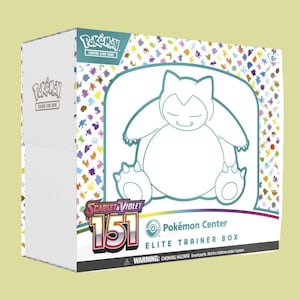 May include: White Pokémon Trading Card Game Elite Trainer Box. The box features a large outline of Snorlax and colorful Pokémon silhouettes. The box includes the text "Scarlet & Violet 151" and "Pokémon Center Elite Trainer Box".