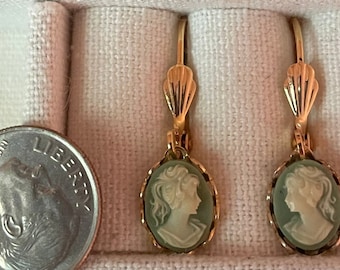 Vintage Sage Green Cameo Earrings, Gold Tone Lace Setting, Victorian Style