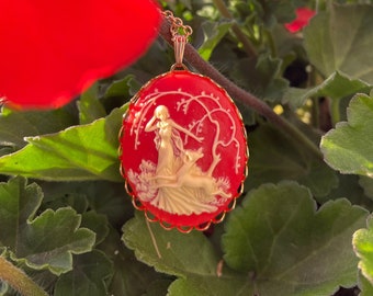Victorian Carnelian Cameo Pendant: Diana with Fawn, Gold Tone Chain
