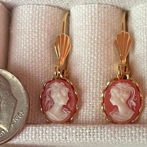 Victorian Coral Cameo Earrings: Gold Lace Leverback Earrings