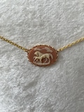 Vintage Style Horse Cameo Pendant Necklace: Tan Mare & Foal, Gold Lace