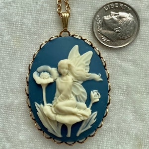 Victorian Fairy Cameo Pendant Necklace, Teal & Ivory, Set in Gold Lace