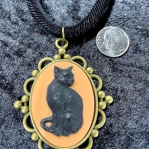 Fun Cool Black Cat Goth Style Brass Cameo Pendant w Vintage Velvet Necklace - Purrfect for Your Halloween Costume or Celebration!