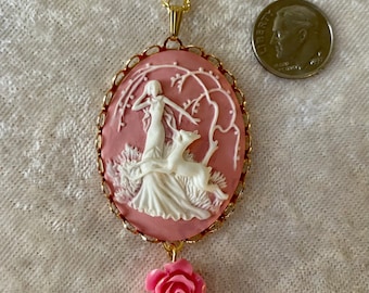 Victorian Diana Cameo Pendant: Pink Rose Bead, Gold Tone Chain