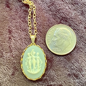 Little Vintage Wedgewood Blue Colored 3 Graces Cameo Pendant w Chain Necklace Set in Gold Lace! For weddings, gifts, collecting, Dress up…