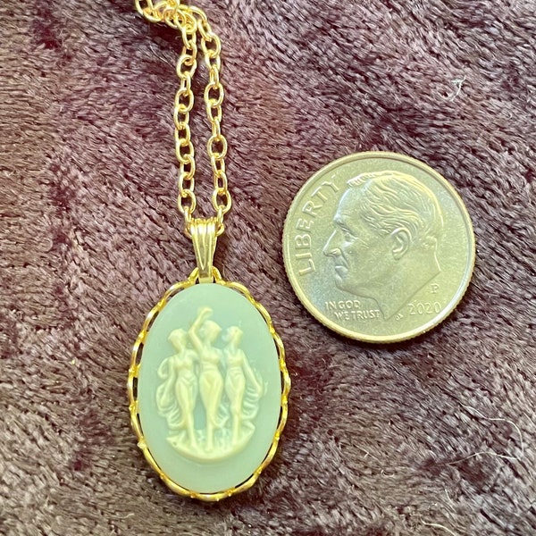 Little Vintage Wedgewood Blue Colored 3 Graces Cameo Pendant w Chain Necklace Set in Gold Lace! For weddings, gifts, collecting, Dress up…