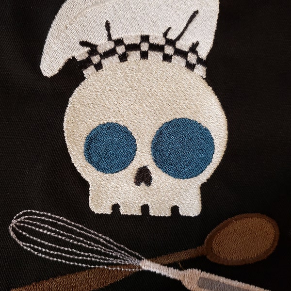 Fun Cool Goth Punk Emo Pirate Cooking Baking Skull w Crossbones Embroidered Chef Cook / Baker 3 Pocket Apron - Makes a Great Gift!