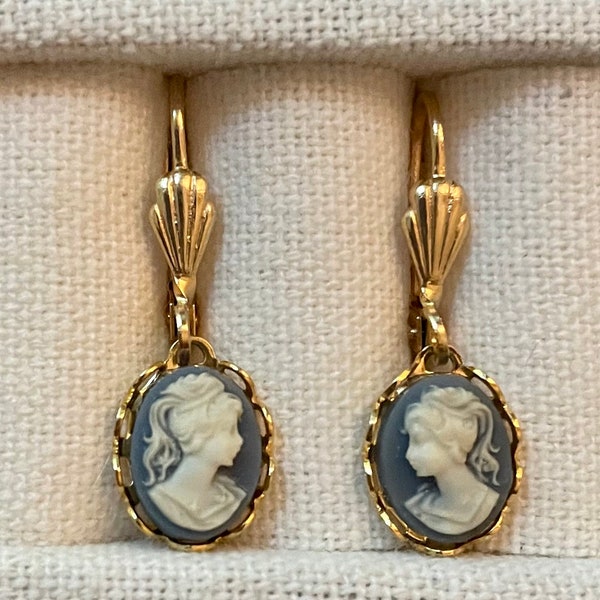 Beautiful Victorian Vintage Wedgewood Blue in Gold Lace Small Cameo Earrings. For Weddings, Gifts, Collectables, or Dress up! Mix and Match!