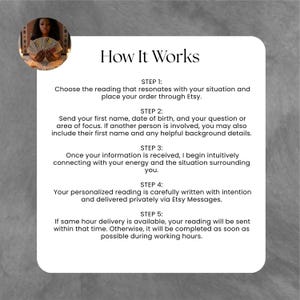Peut inclure: Un graphique blanc avec le texte "How It Works" et les &eacute;tapes d'une lecture personnalis&eacute;e. Comprend une image d'une personne tenant des cartes de tarot. Les &eacute;tapes d&eacute;taillent le processus, de la commande &agrave; la r&eacute;ception de la lecture via les messages Etsy.