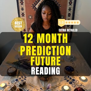 May include: An image featuring a woman at a table with the text "12 MONTH PREDICTION FUTURE READING". The image includes a "Best Seller" badge and a 5-star rating. The table has candles, crystals, and bowls.