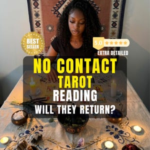 Op de afbeelding: Een persoon zit aan een tafel met tarotkaarten, kaarsen en decoratieve items. De afbeelding bevat de tekst "NO CONTACT TAROT READING WILL THEY RETURN?" en een "Best Seller"-badge.