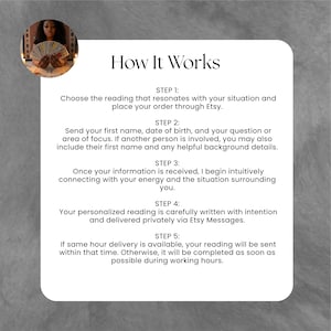 May include: A white informational card with black text titled How It Works, outlining five steps for a service. Step 1: Choose reading. Step 2: Send name, birth date, and question. Step 3: Energy connection. Step 4: Written delivery. Step 5: Delivery timing.