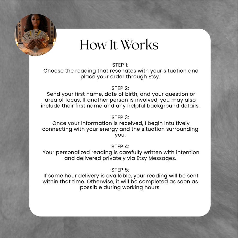 May include: A white informational card with black text titled How It Works, outlining five steps for a service. Step 1: Choose reading. Step 2: Send name, birth date, and question. Step 3: Energy connection. Step 4: Written delivery. Step 5: Delivery timing.