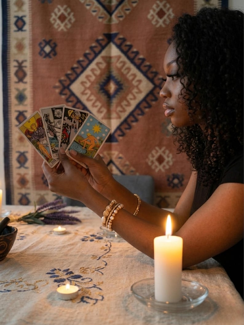May include: A set of four tarot cards held in a fan shape, featuring detailed illustrations including a figure with a sun, a skeletal figure, and a star. The cards are rectangular with white borders and colorful, intricate artwork on the front faces.