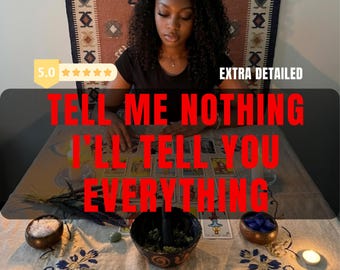 May include: A tarot card reading setup featuring a light-colored tablecloth with blue floral embroidery, a central dark bowl with herbs, small wooden bowls containing salt and blue stones, scattered crystals, lit candles, and a spread of tarot cards.