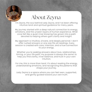May include: A white rectangular information card with black text titled About Zeyna. The text describes intuitive tarot and spiritual guidance services. A circular inset image at the top left shows a person holding a fan of tarot cards.
