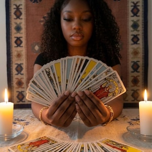 May include: A deck of tarot cards fanned out in hands, featuring detailed illustrations with vibrant yellow, red, and blue accents. The cards display various figures and symbols, with a second fanned deck laid out on a white fabric surface.