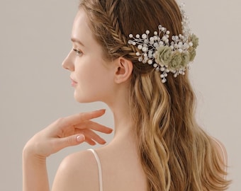 Retro blommigt brudhårband, Mori-stil pärlhårband, bröllopshåraccessoar, persienner, grönt blomhårband