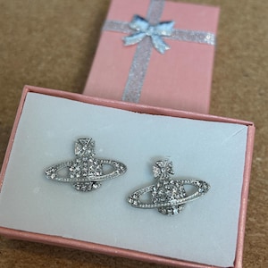 Silver Saturn Planet Orb Relief Bas Rhinestone Stud Earrings: Sparkly Gift