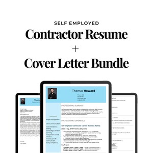 May include: A digital bundle featuring a contractor resume and cover letter template. The resume template has a blue header with the name "Thomas Howard". The words "Instant Download" are at the bottom.