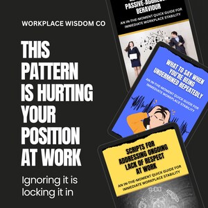 Puede incluir: Imagen promocional de Workplace Wisdom Co. con tres tabletas que muestran guías para problemas en el lugar de trabajo. El texto en las tabletas incluye "Scripts for Responding to Passive-Aggressive Behaviour" y "What to Say When You're Being Undermined Repeatedly."