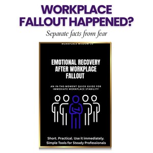 以下が含まれることがあります： 「Emotional Recovery After Workplace Fallout」というタイトルのデジタルダウンロード。表紙は、黒い背景に白と青の文字、金色の縁取りが特徴です。タイトルは人々のグラフィックの上にあります。テキストは「インスタントダウンロード」と書かれています。