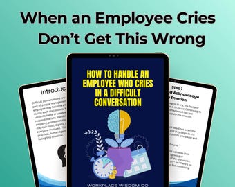 Puede incluir: Tres tabletas digitales que muestran información. La tableta central presenta el título "HOW TO HANDLE AN EMPLOYEE WHO CRIES IN A DIFFICULT CONVERSATION." La imagen incluye texto y gráficos relacionados con la comunicación en el lugar de trabajo y la inteligencia emocional.