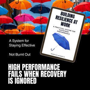 May include: A digital tablet displays the title "BUILDING RESILIENCE AT WORK" with a blue umbrella graphic. The image is set against a backdrop of colorful umbrellas. Text on the tablet reads "A PRACTICAL SYSTEM FOR SUSTAINED PERFORMANCE."