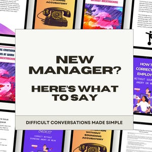 Puede incluir: Una colección de portadas de libros digitales con texto. La portada central dice "NEW MANAGER? HERE'S WHAT TO SAY" en letras negras grandes. Otras portadas presentan títulos como "MANAGING EMOTIONAL REACTIONS AT WORK" y "HOW TO CORRECT AN EMPLOYEE".