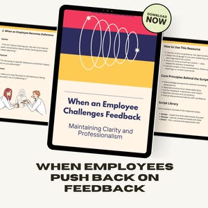 May include: A digital tablet shows a presentation titled "When an Employee Challenges Feedback," with the subtitle "Maintaining Clarity and Professionalism." The design uses red, yellow, and navy blue, with white circular graphics. A "Download Now" button is visible.