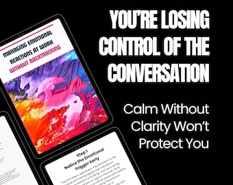 Puede incluir: Fondo negro con texto blanco: "YOU'RE LOSING CONTROL OF THE CONVERSATION." Tres tabletas muestran texto sobre la gestión de reacciones emocionales en el trabajo. Las tabletas muestran "MANAGING EMOTIONAL REACTIONS AT WORK WITHOUT BACKTRACKING."