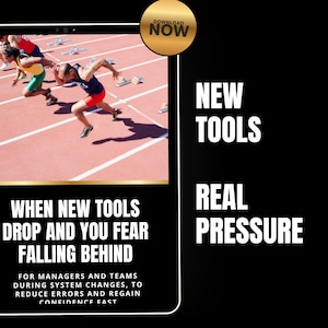 Könnte beinhalten: Werbebild mit schwarzem Hintergrund und weißem Text, der "NEW TOOLS REAL PRESSURE" lautet. Ein Foto von Läufern auf einer Rennstrecke befindet sich in der oberen linken Ecke. Der Text "WHEN NEW TOOLS DROP AND YOU FEAR FALLING BEHIND" ist ebenfalls vorhanden.