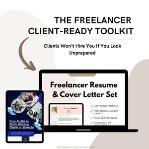 May include: A digital marketing graphic promoting a freelancer toolkit. The image features a laptop and tablet displaying a resume and cover letter set, with the text "Freelancer Resume & Cover Letter Set." The tablet shows a book cover titled "From Profile to Profit: Winning Clients on LinkedIn."