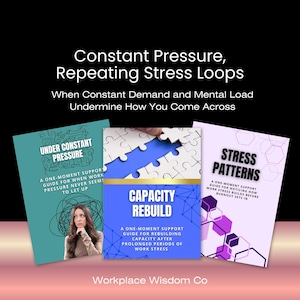 May include: Image of three book covers with titles: "Under Constant Pressure", "Capacity Rebuild", and "Stress Patterns". The covers are teal, blue, and purple, respectively, with white text. The image also includes the text "Constant Pressure, Repeating Stress Loops".